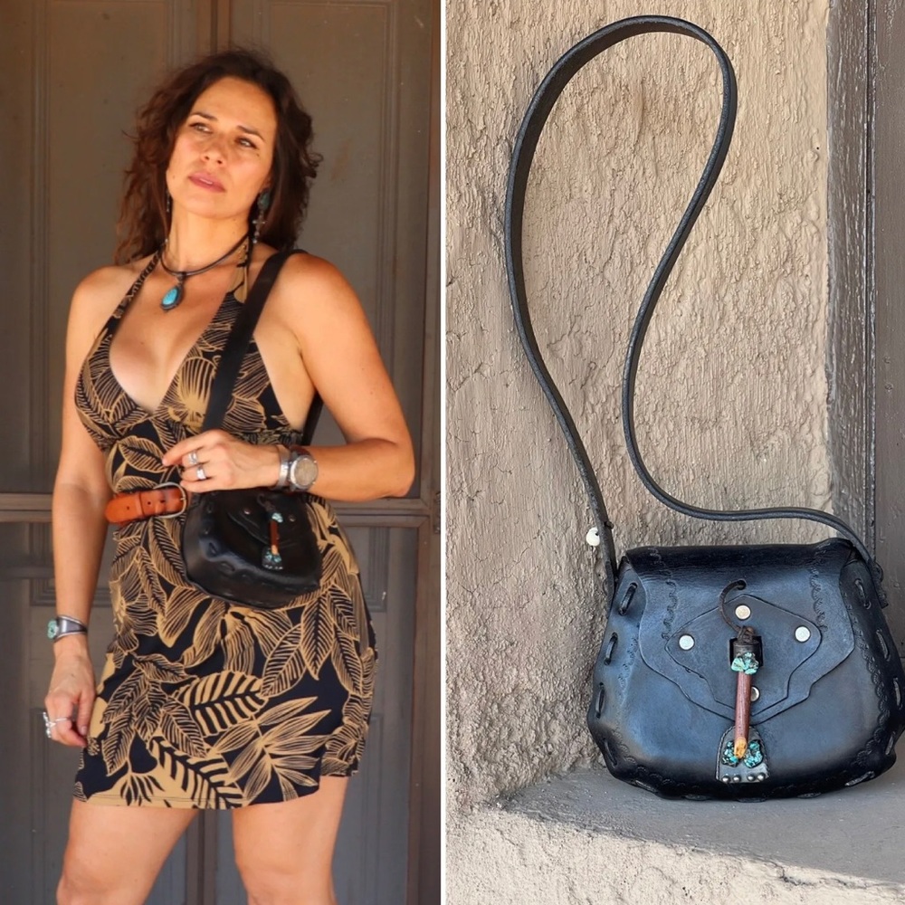 Boho Gypsy Handcrafted Leather Saddle Bag Purse Sterling Silver & Turquoise